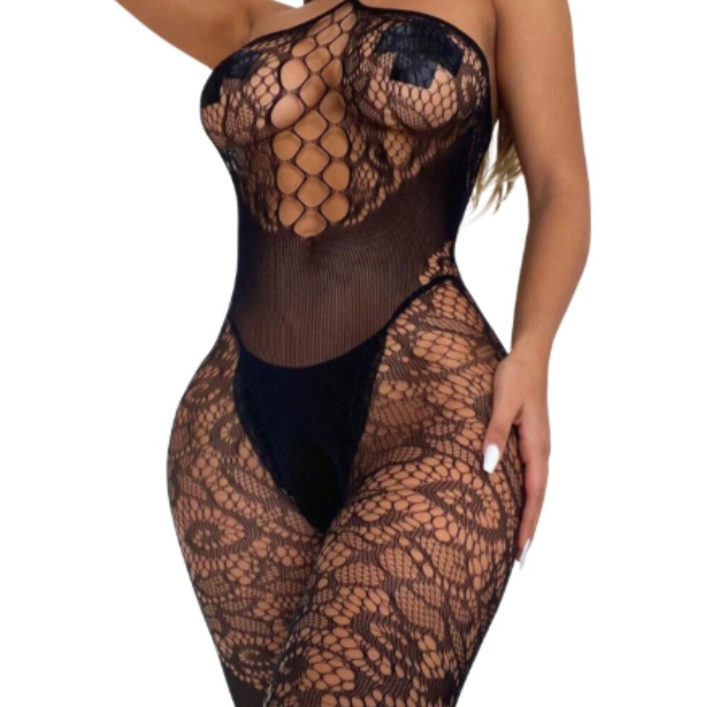 Sultry Elegance Bodystocking - Exquisite Off-Shoulder Fishnet Lingerie - Picture 2 of 3